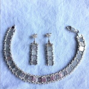 MEXICO GREEK KEY STERLING SILVER CHAIN BRACELET AND DANGLE EARRINGS SET